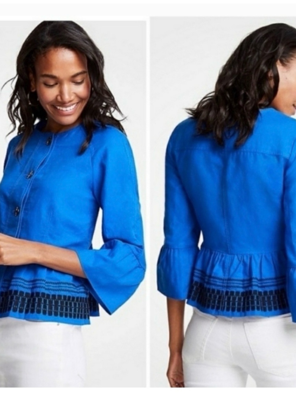 Ann Taylor Cobalt Blue Embroidered Button-Front Peplum Jacket. Size M